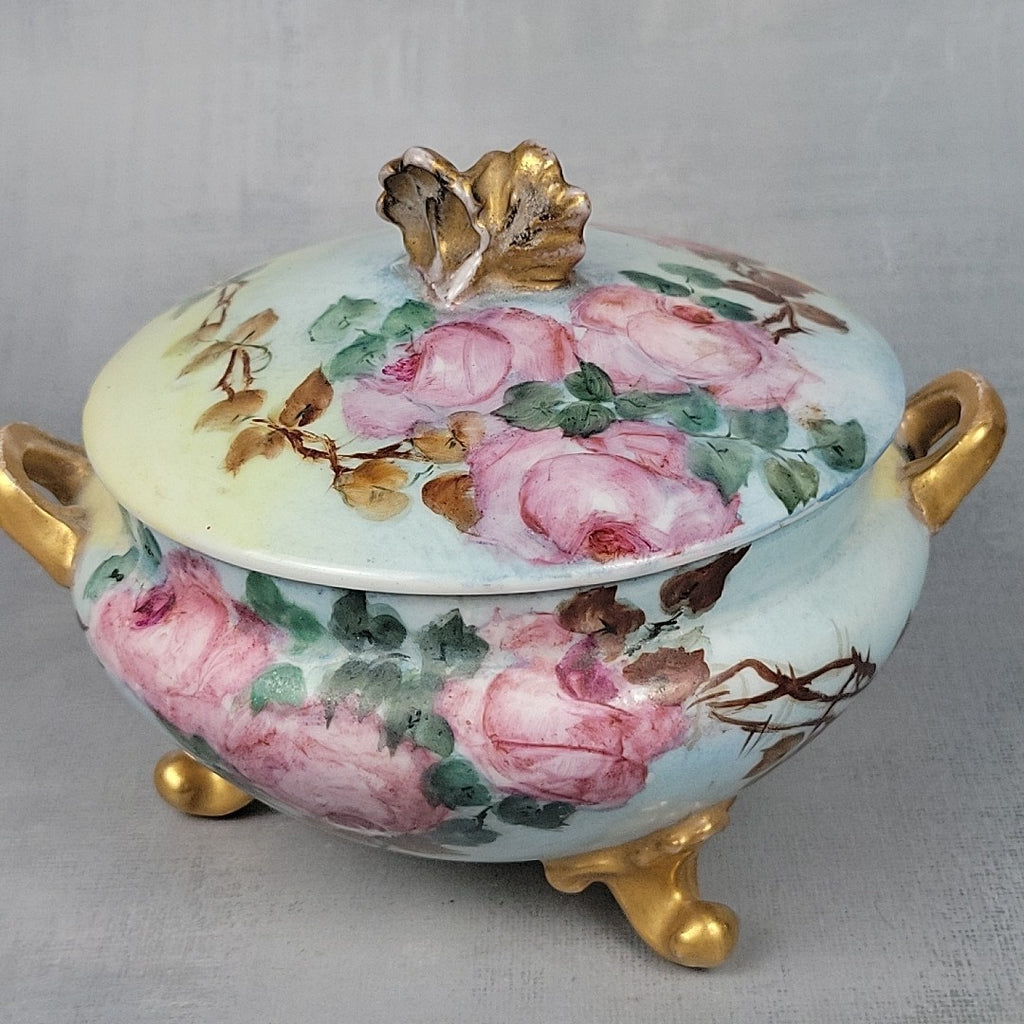 Antique GDA Limoges Footed Powder Jar Roses Gilt Handles Vanity Box c19001