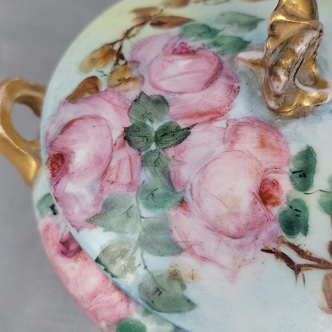 Antique GDA Limoges Footed Powder Jar Roses Gilt Handles Vanity Box c190011