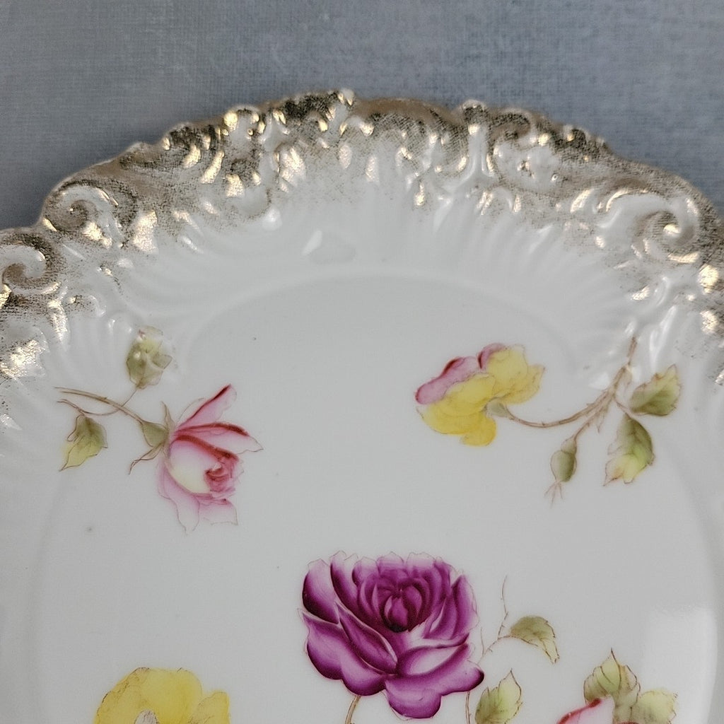 Antique Dresden Germany Hand Painted Rose Plates Gold Gilt Rococo Pair 8”9