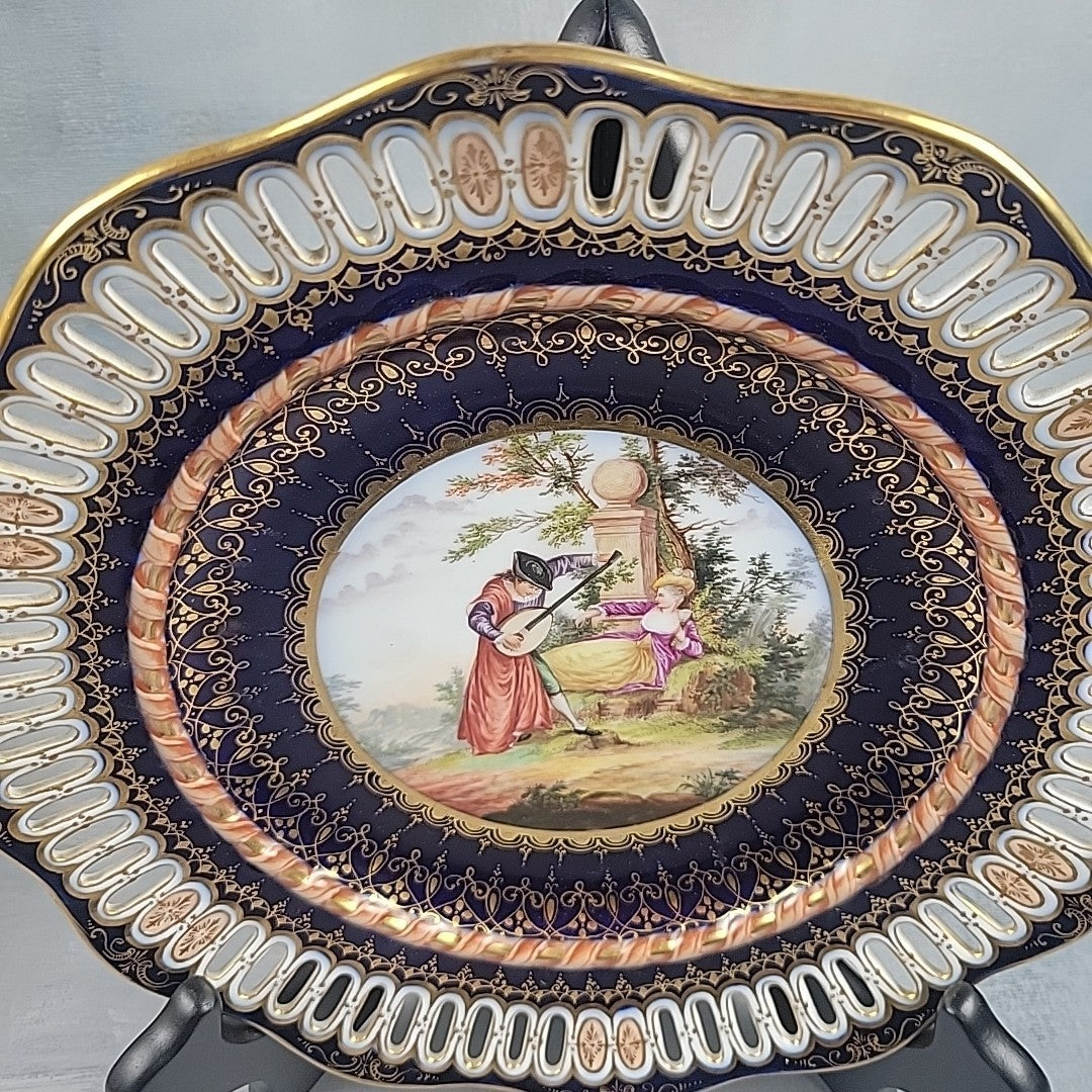 Antique Dresden Hand Painted Watteau Scene Cobalt Gold Pierced Plate 9.5”3
