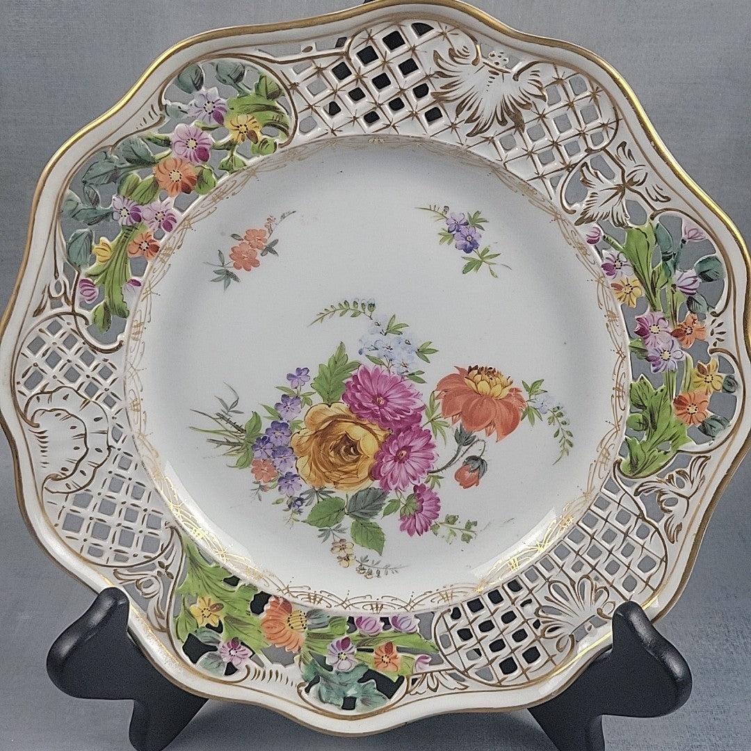 Carl Thieme Style Dresden Reticulated Plate Raised Enamel Floral Gold Trim 9"13
