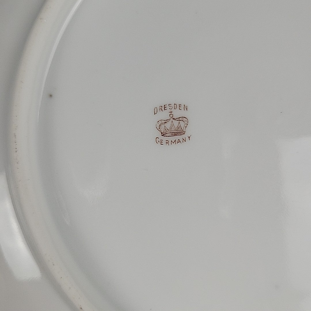 Antique Dresden Germany Hand Painted Rose Plates Gold Gilt Rococo Pair 8”15