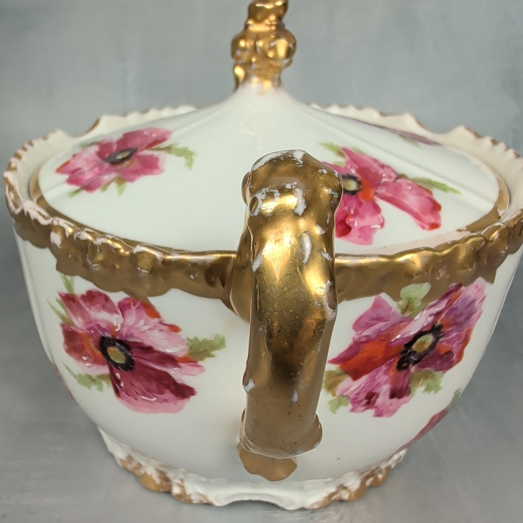 JP France Limoges Antique Poppies Porcelain Hand Painted Biscuit Cracker Jar 5