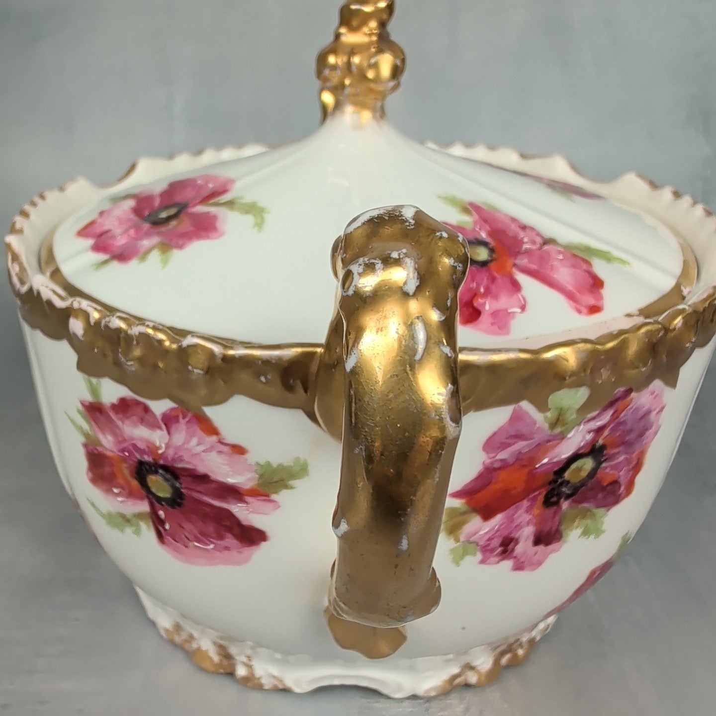 JP France Limoges Antique Poppies Porcelain Hand Painted Biscuit Cracker Jar 5