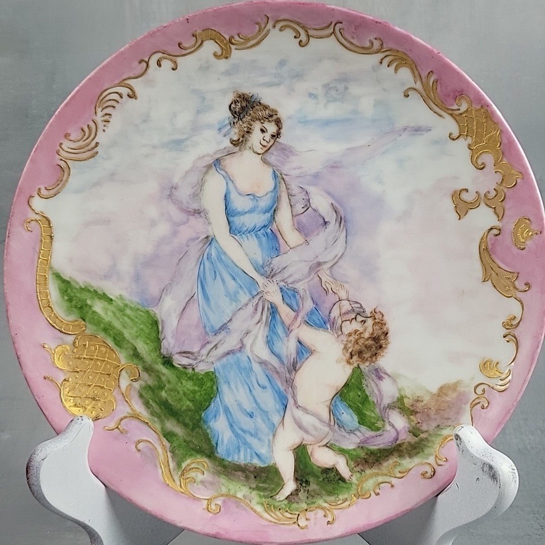 Antique Limoges GDM Hand Painted Portrait Plate Putti Cherub Gold Pink c18913