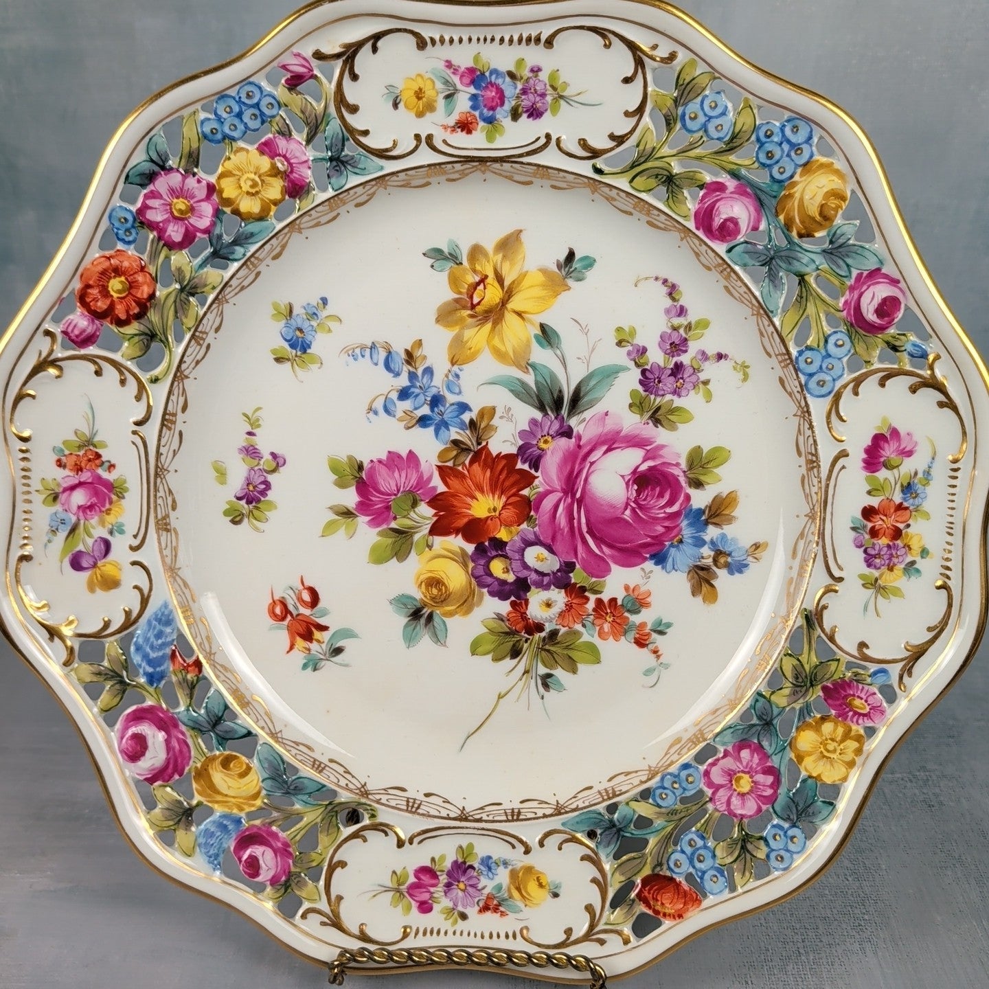 Antique Dresden Germany 10.5” Hand Painted Floral Cabinet Plate Gold Gilt5