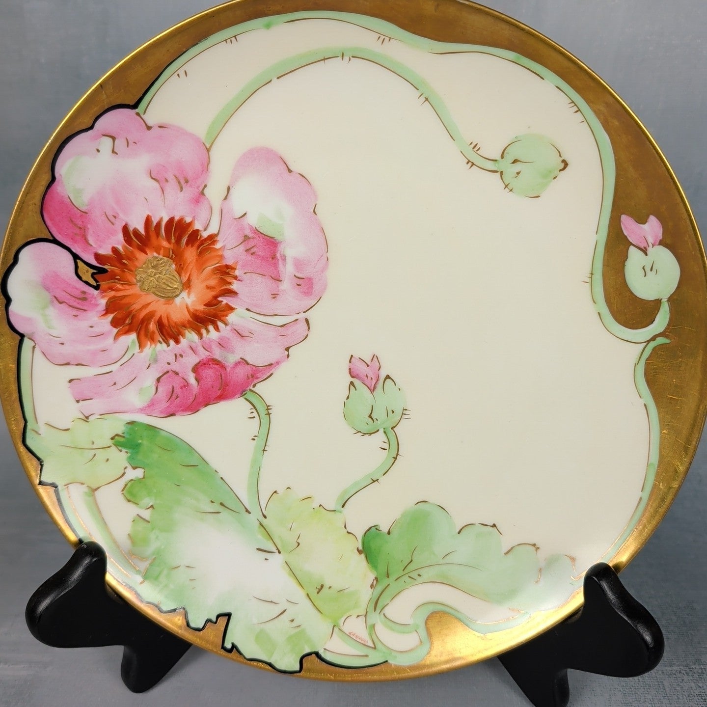 Antique Limoges Coronet France Hand Painted Pink Poppy Plate Signed Lamour 3