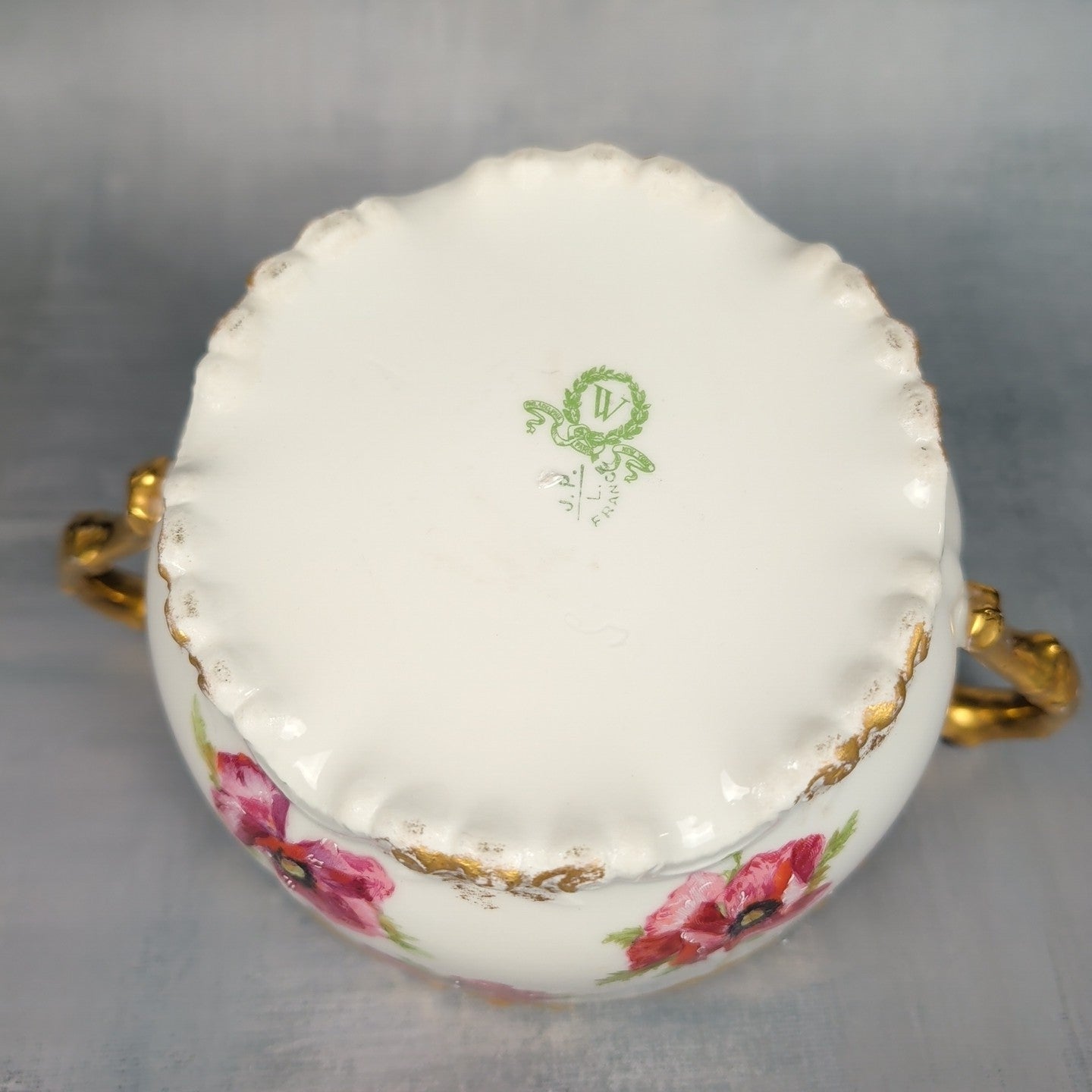 JP France Limoges Antique Poppies Porcelain Hand Painted Biscuit Cracker Jar 19