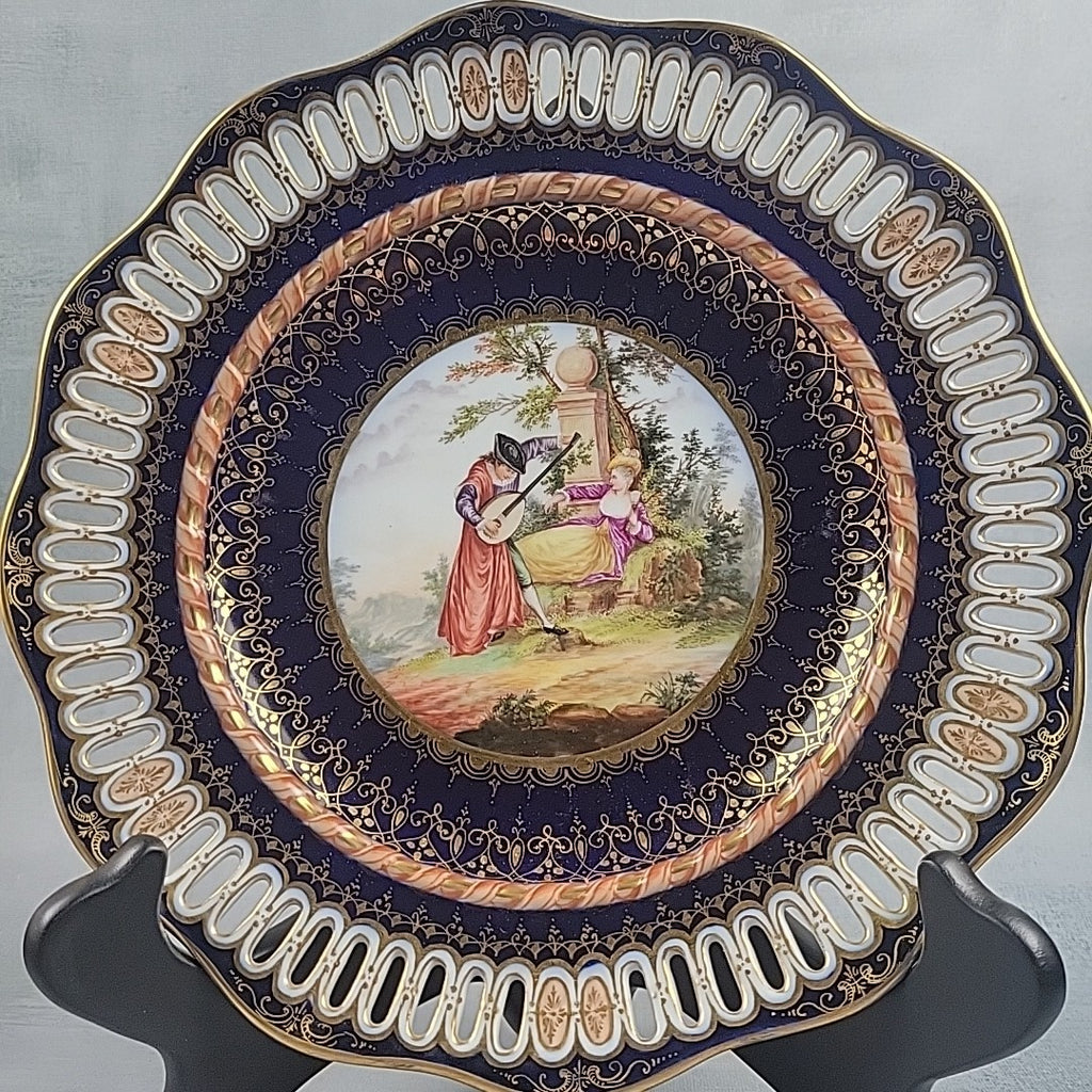 Antique Dresden Hand Painted Watteau Scene Cobalt Gold Pierced Plate 9.5”6