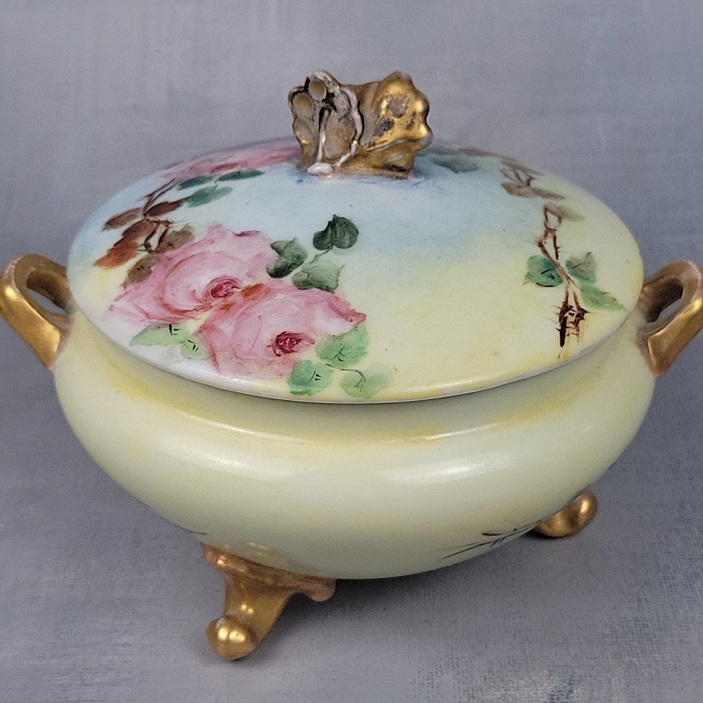 Antique GDA Limoges Footed Powder Jar Roses Gilt Handles Vanity Box c19005