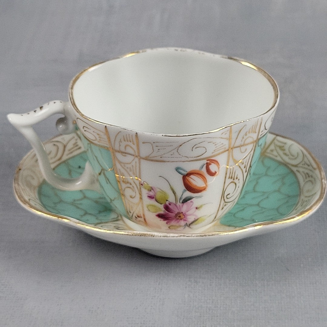 Meissen Quatrefoil Porcelain Cup & Saucer, Hand Painted Flowers Turquoise c19001