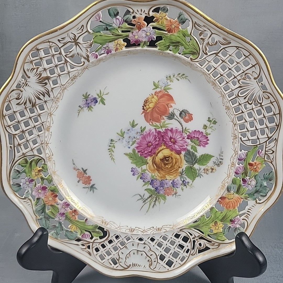 Carl Thieme Style Dresden Reticulated Plate Raised Enamel Floral Gold Trim 9"5