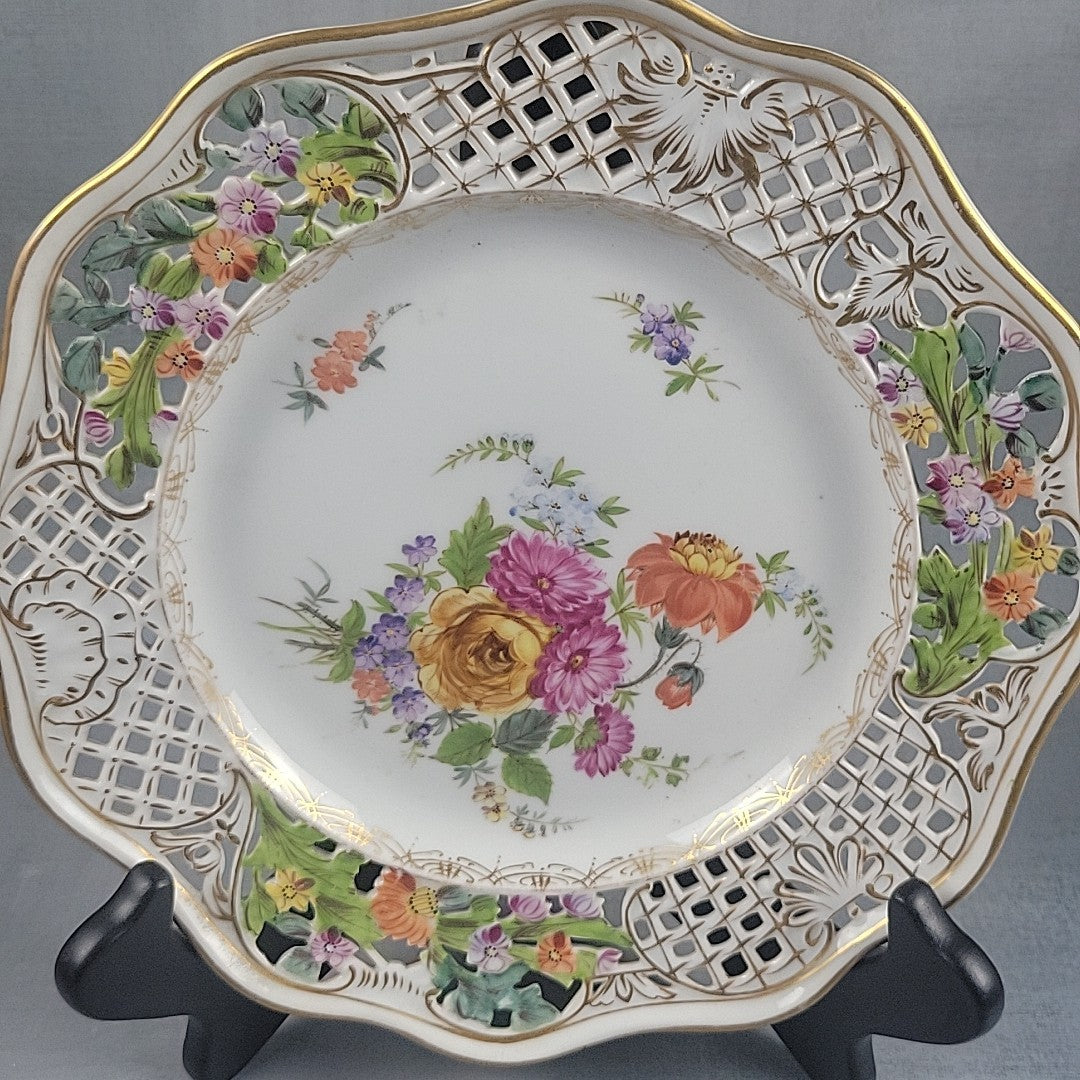 Carl Thieme Style Dresden Reticulated Plate Raised Enamel Floral Gold Trim 9"0