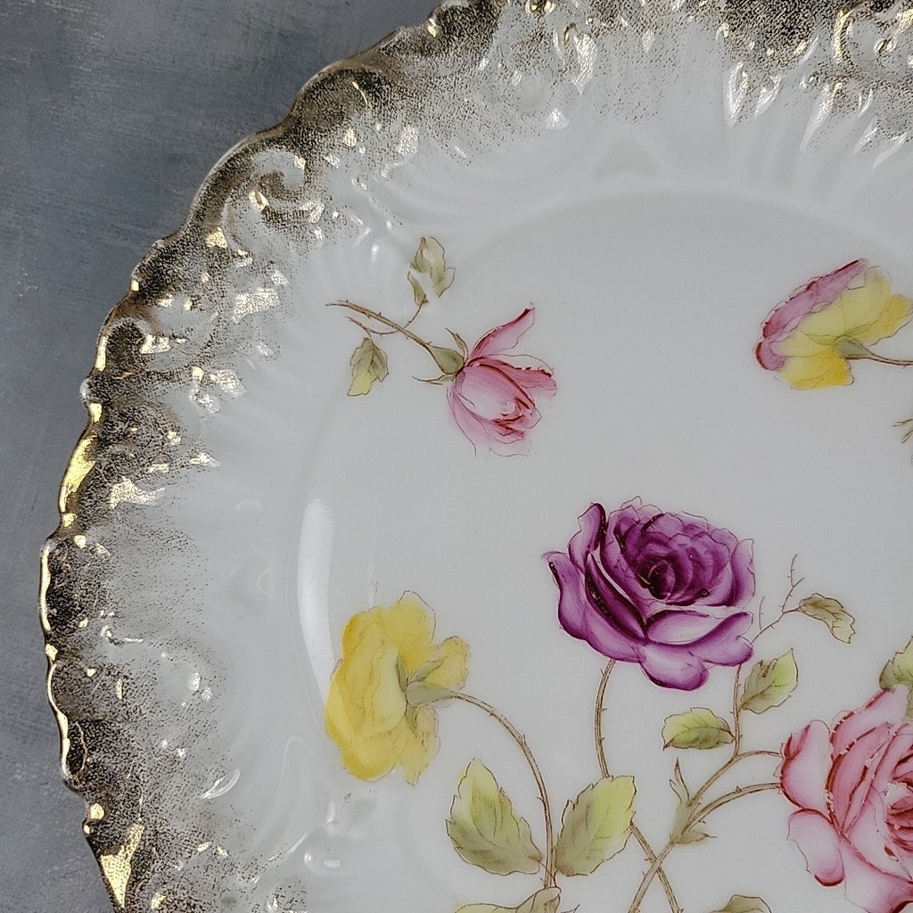Antique Dresden Germany Hand Painted Rose Plates Gold Gilt Rococo Pair 8”12