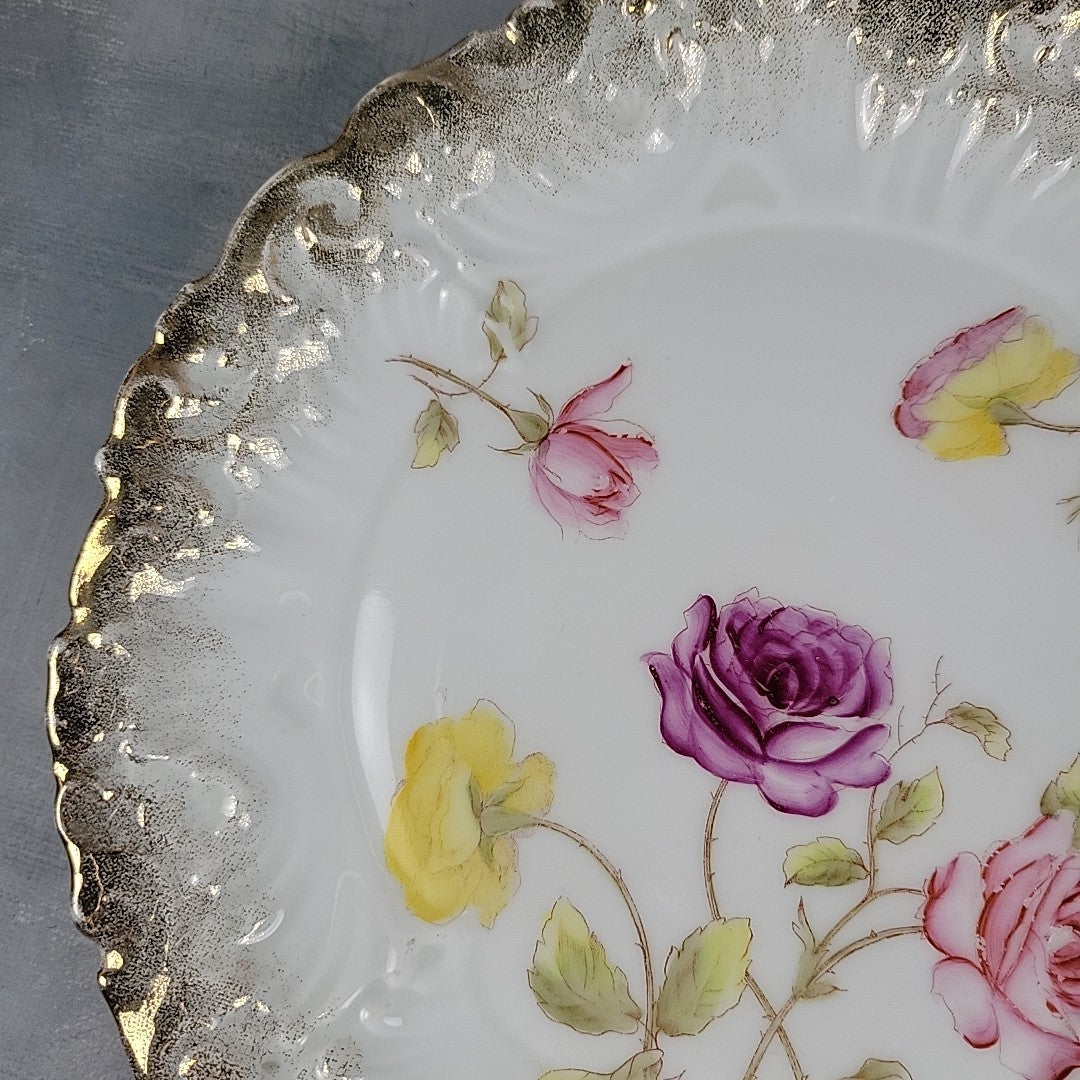Antique Dresden Germany Hand Painted Rose Plates Gold Gilt Rococo Pair 8”12