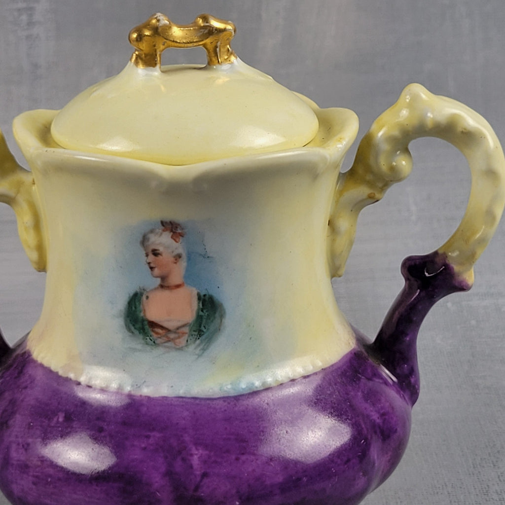 Antique Limoges NVC Portrait Sugar Bowl Jonquil Yellow & Purple Art Nouveau12