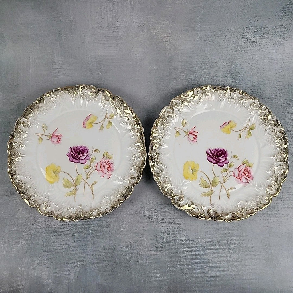 Antique Dresden Germany Hand Painted Rose Plates Gold Gilt Rococo Pair 8”0