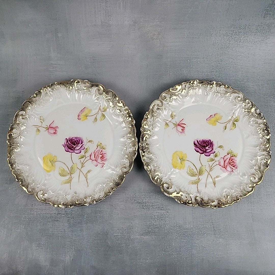 Antique Dresden Germany Hand Painted Rose Plates Gold Gilt Rococo Pair 8”0