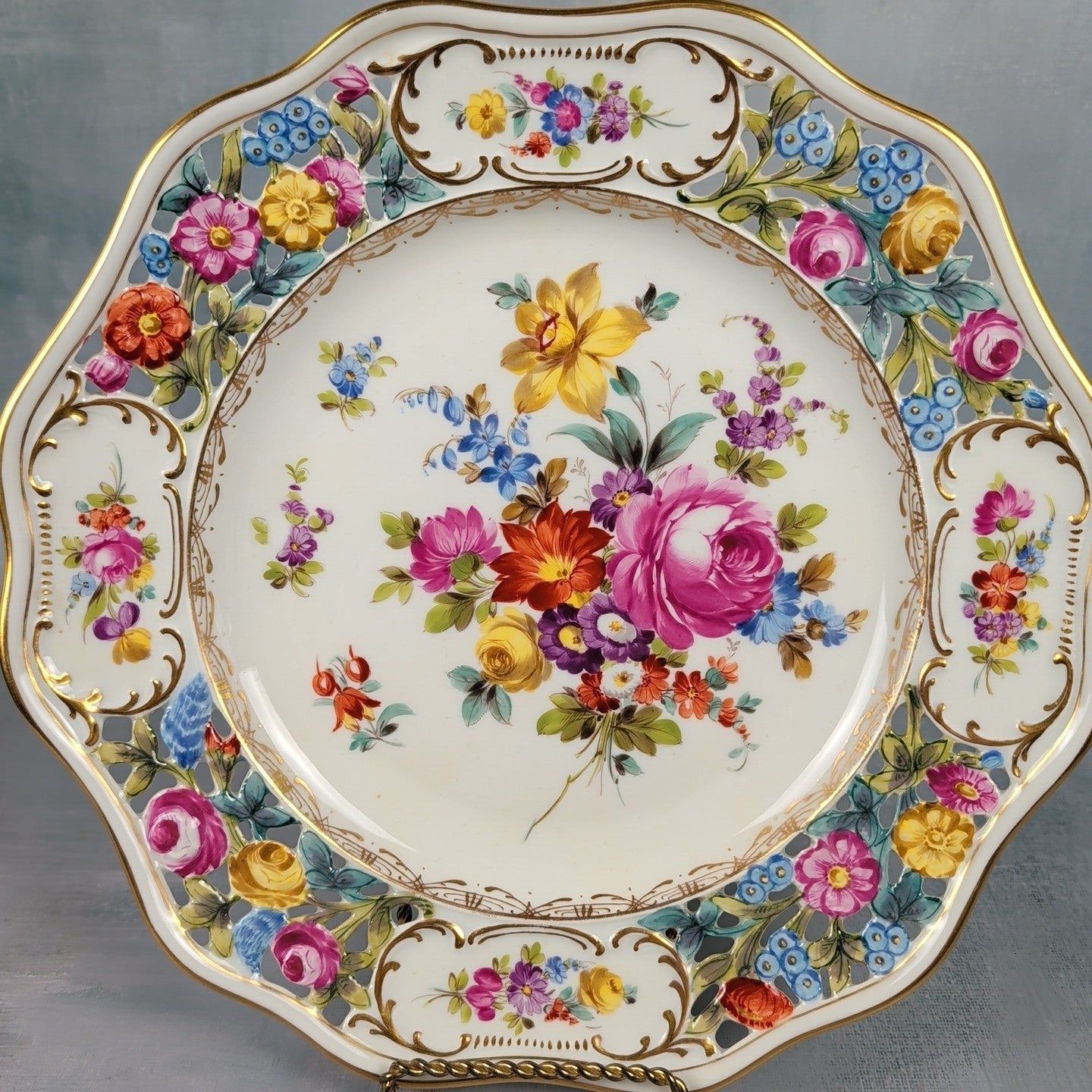 Antique Dresden Germany 10.5” Hand Painted Floral Cabinet Plate Gold Gilt3