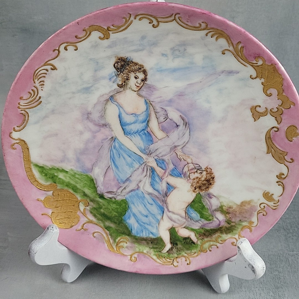 Antique Limoges GDM Hand Painted Portrait Plate Putti Cherub Gold Pink c189114