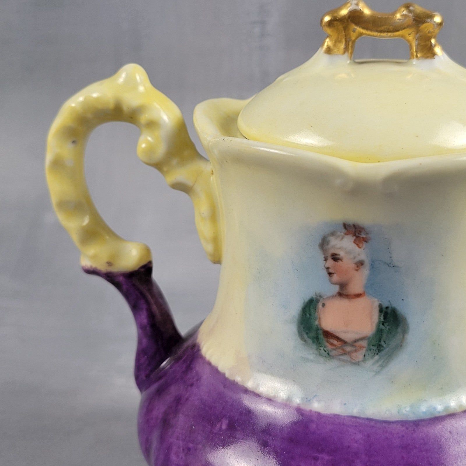 Antique Limoges NVC Portrait Sugar Bowl Jonquil Yellow & Purple Art Nouveau5