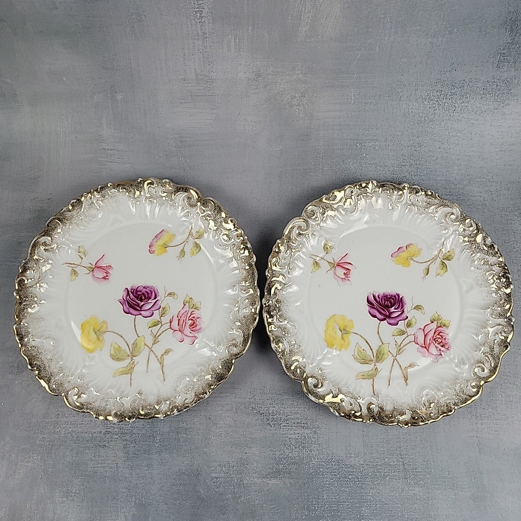 Antique Dresden Germany Hand Painted Rose Plates Gold Gilt Rococo Pair 8”7
