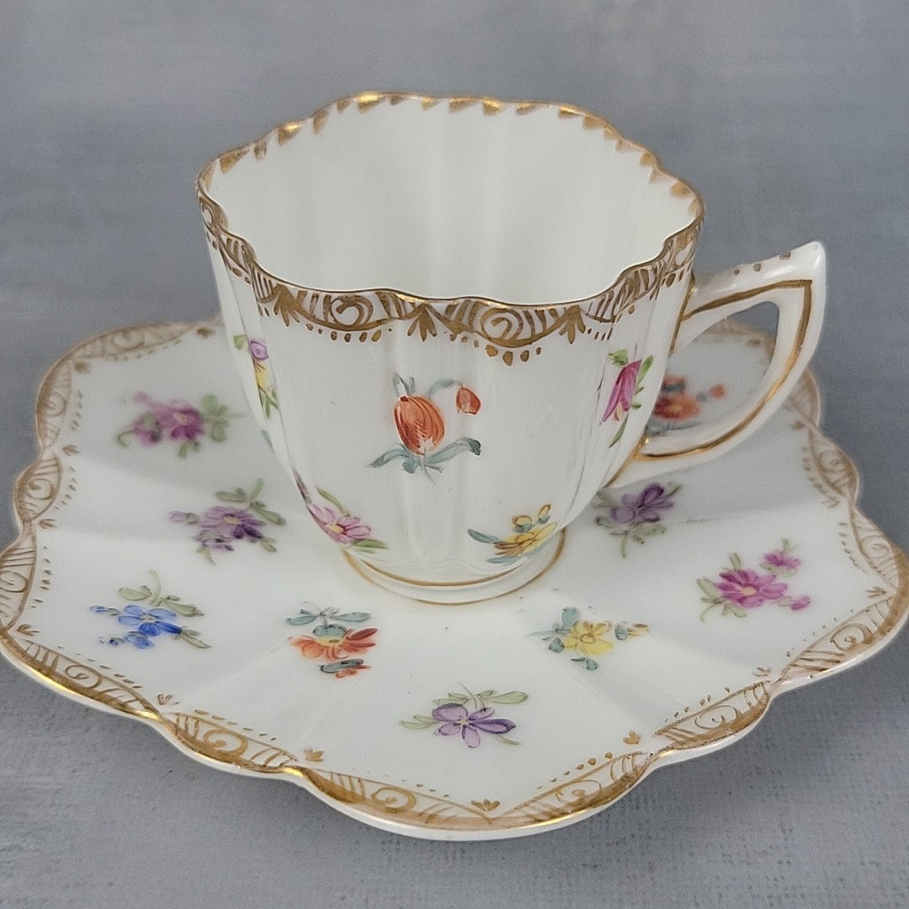Antique Dresden Tea Cup & Saucer Hand Painted Floral Gilt Scalloped Mold0