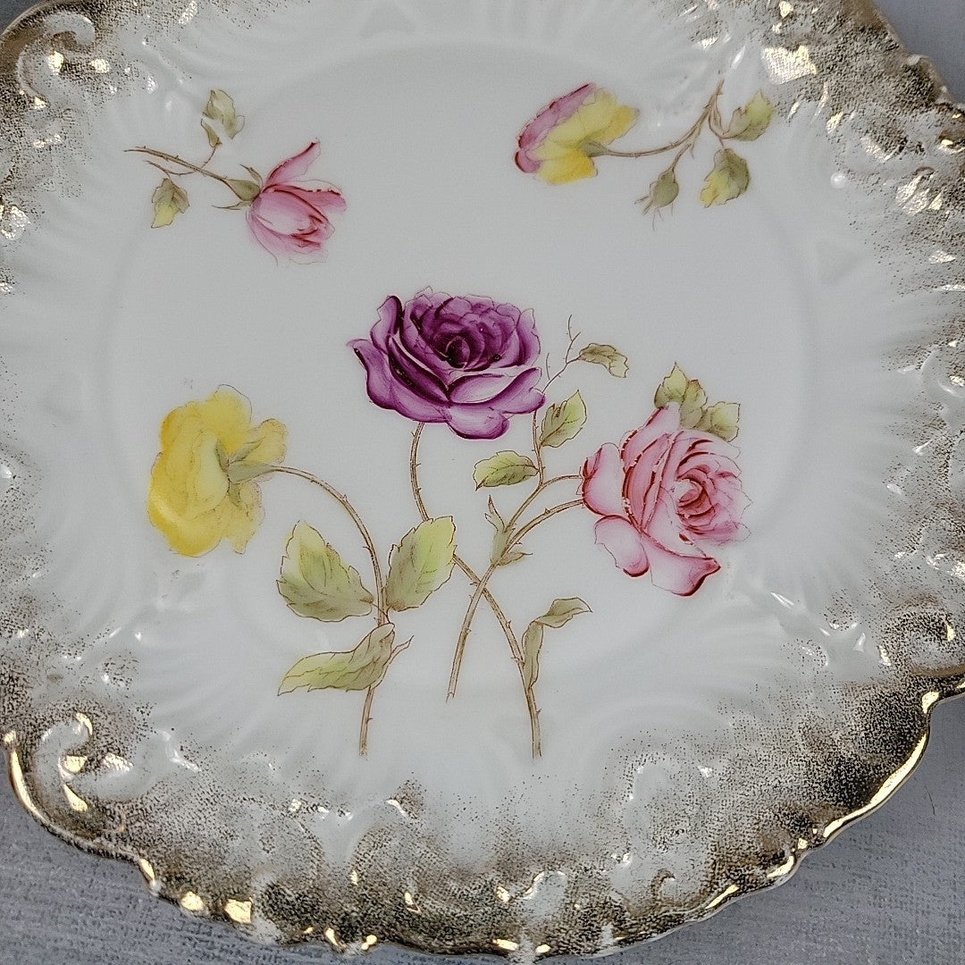 Antique Dresden Germany Hand Painted Rose Plates Gold Gilt Rococo Pair 8”4