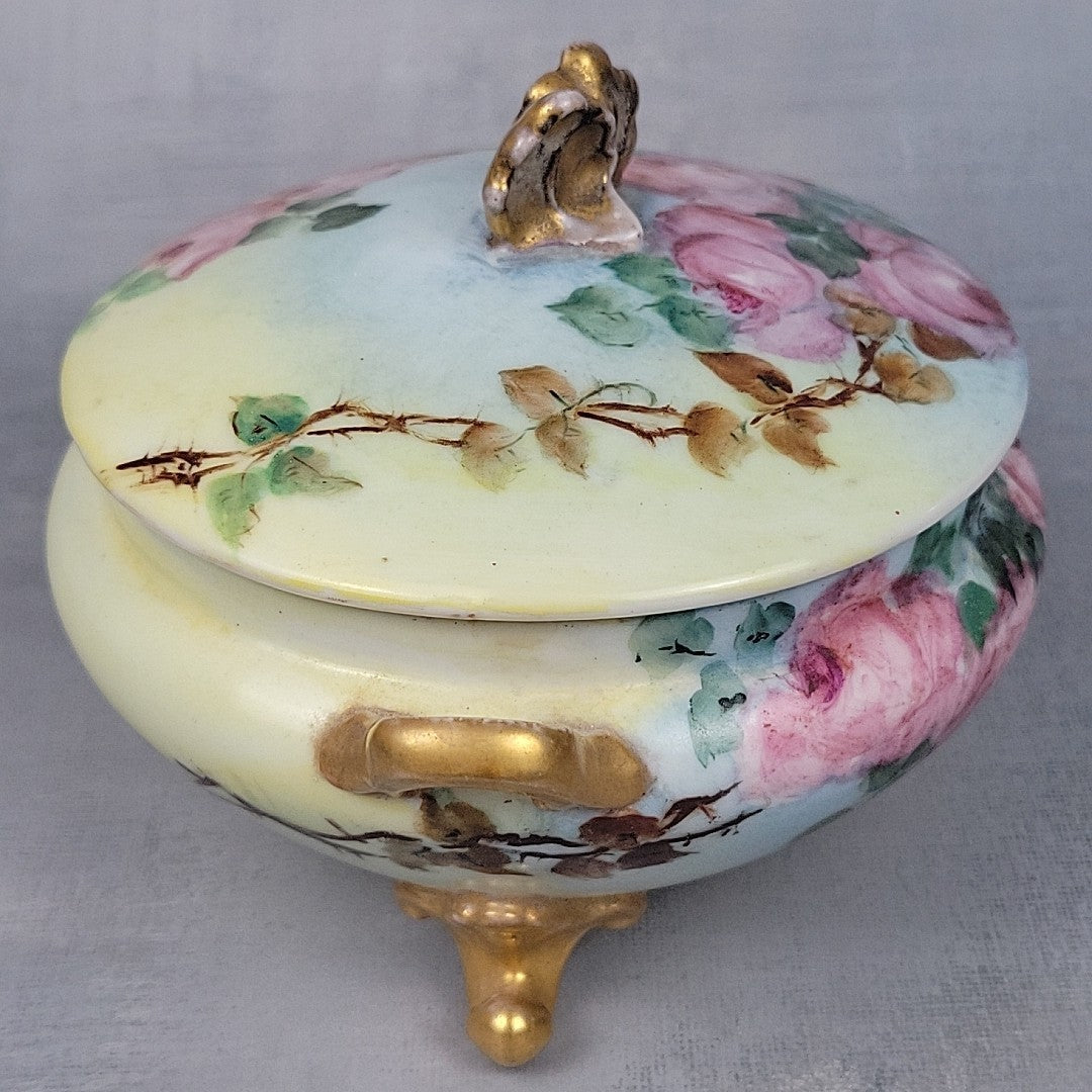 Antique GDA Limoges Footed Powder Jar Roses Gilt Handles Vanity Box c19004
