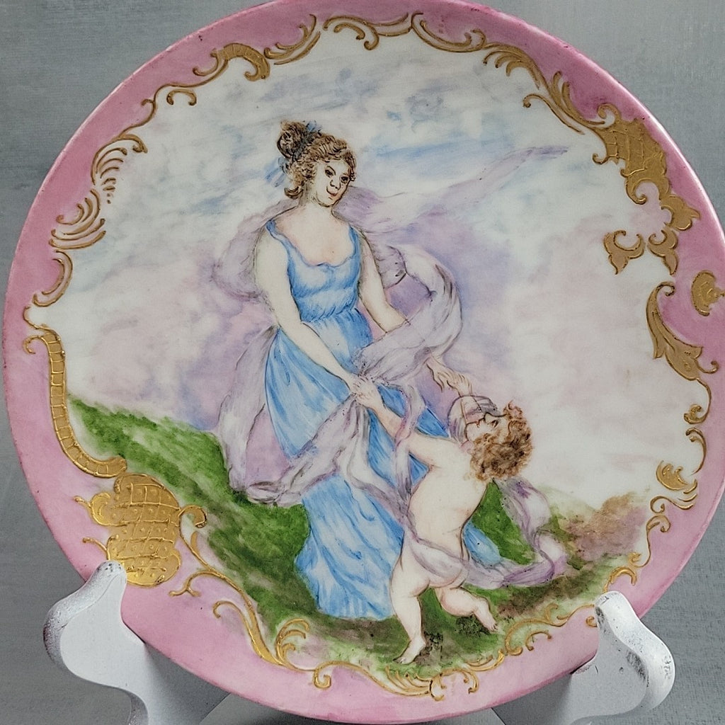 Antique Limoges GDM Hand Painted Portrait Plate Putti Cherub Gold Pink c18915