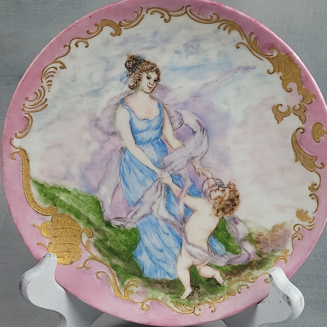 Antique Limoges GDM Hand Painted Portrait Plate Putti Cherub Gold Pink c18915