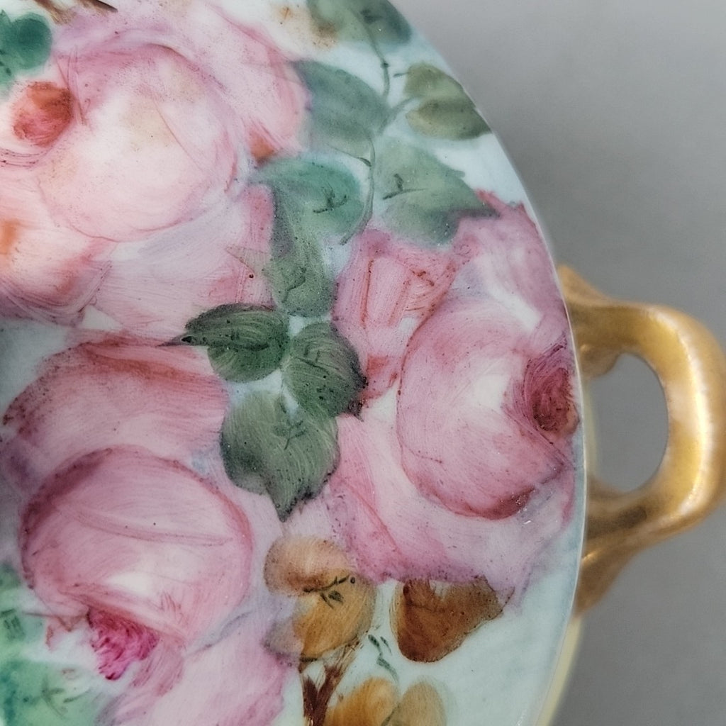 Antique GDA Limoges Footed Powder Jar Roses Gilt Handles Vanity Box c190020