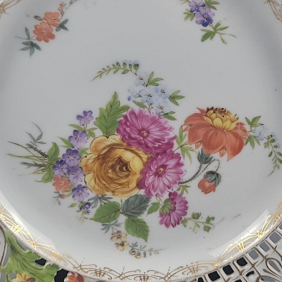 Carl Thieme Style Dresden Reticulated Plate Raised Enamel Floral Gold Trim 9"14