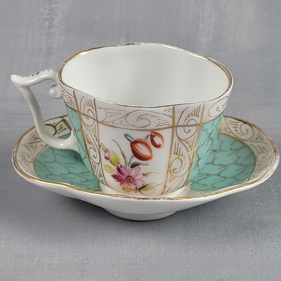 Meissen Quatrefoil Porcelain Cup & Saucer, Hand Painted Flowers Turquoise c19003