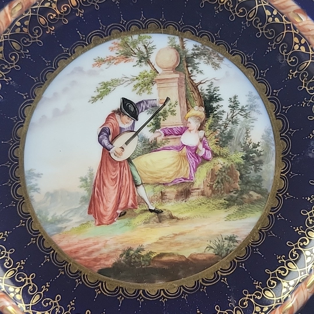 Antique Dresden Hand Painted Watteau Scene Cobalt Gold Pierced Plate 9.5”1