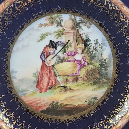 Antique Dresden Hand Painted Watteau Scene Cobalt Gold Pierced Plate 9.5”1