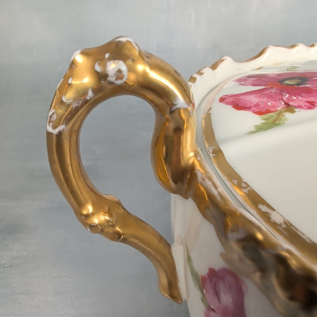 JP France Limoges Antique Poppies Porcelain Hand Painted Biscuit Cracker Jar 7