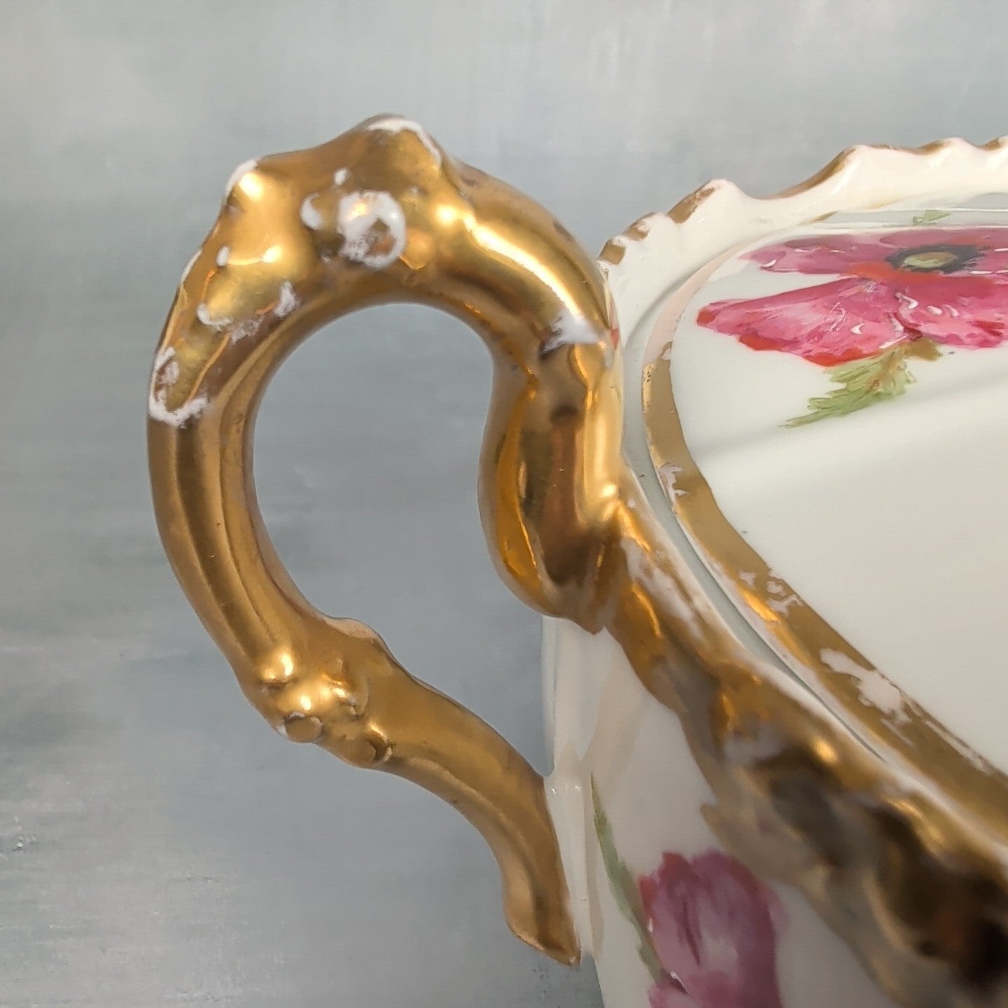 JP France Limoges Antique Poppies Porcelain Hand Painted Biscuit Cracker Jar 7