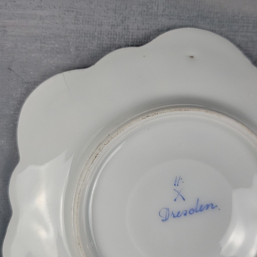 Antique Dresden Tea Cup & Saucer Hand Painted Floral Gilt Scalloped Mold13