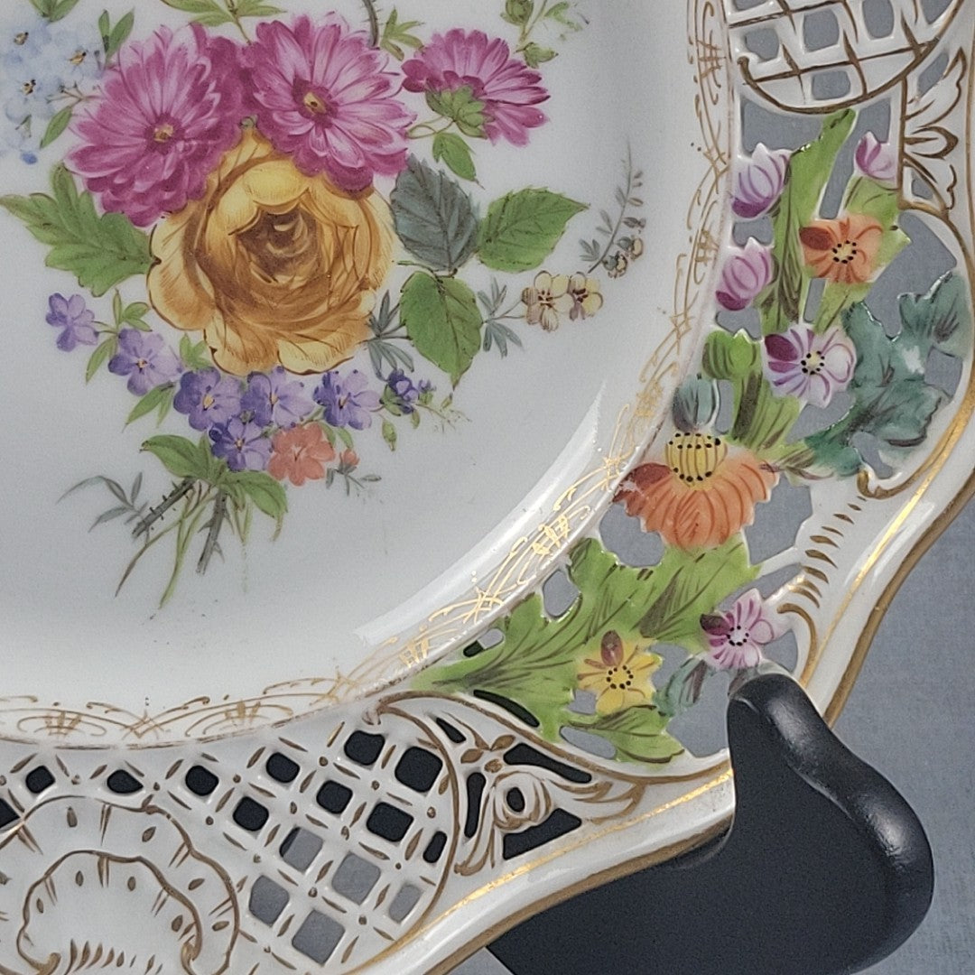 Carl Thieme Style Dresden Reticulated Plate Raised Enamel Floral Gold Trim 9"8