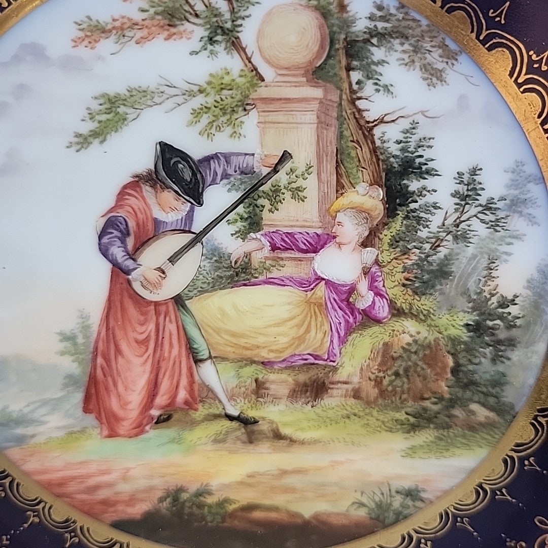Antique Dresden Hand Painted Watteau Scene Cobalt Gold Pierced Plate 9.5”15