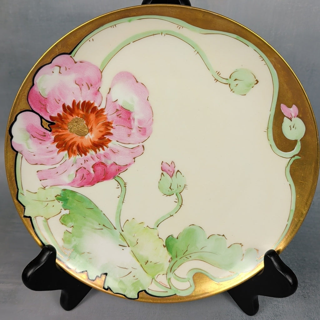 Antique Limoges Coronet France Hand Painted Pink Poppy Plate Signed Lamour 14