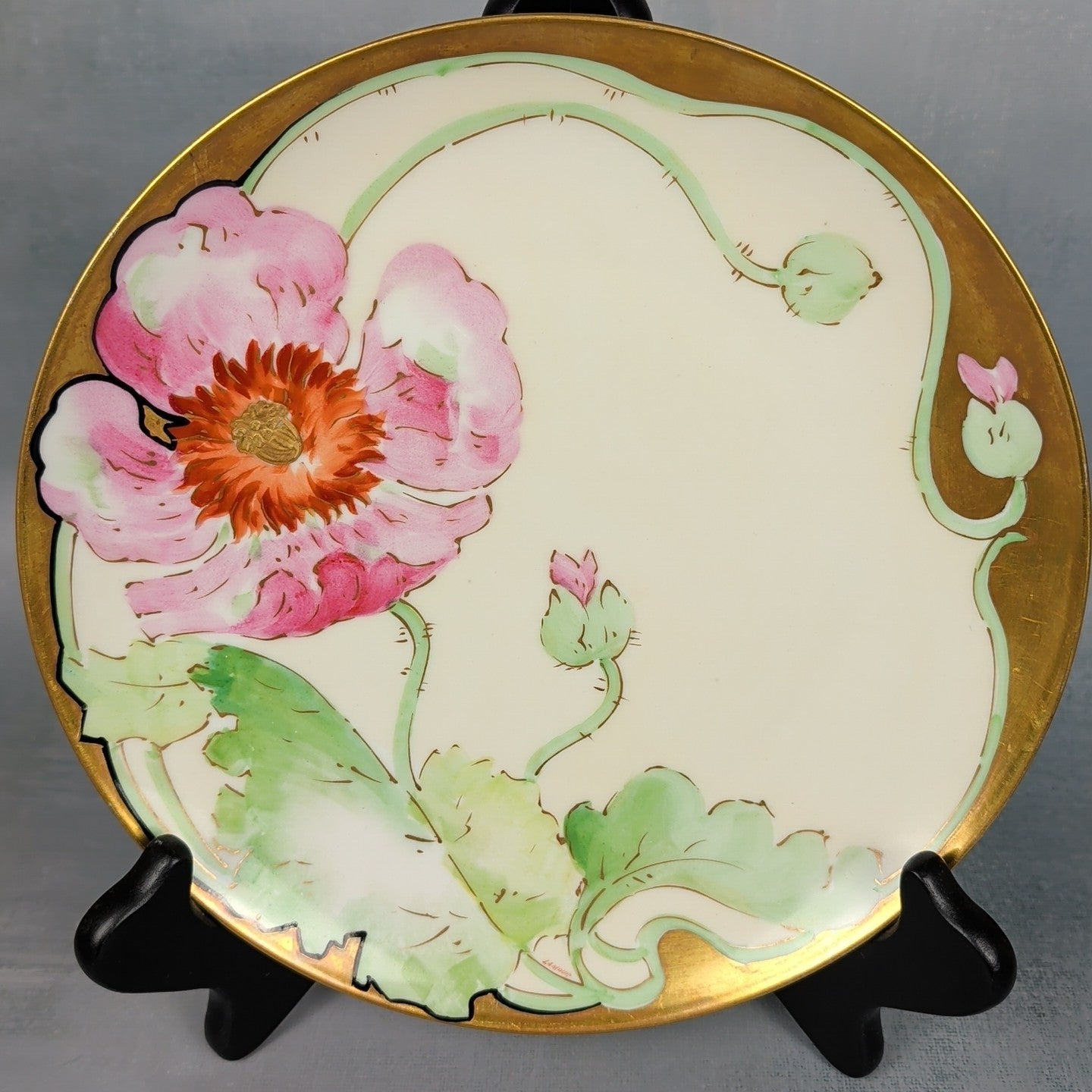 Antique Limoges Coronet France Hand Painted Pink Poppy Plate Signed Lamour 14