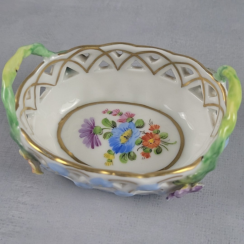 Dresden Germany Reticulated Porcelain Basket Forget Me Not Flowers & Vine Handle2