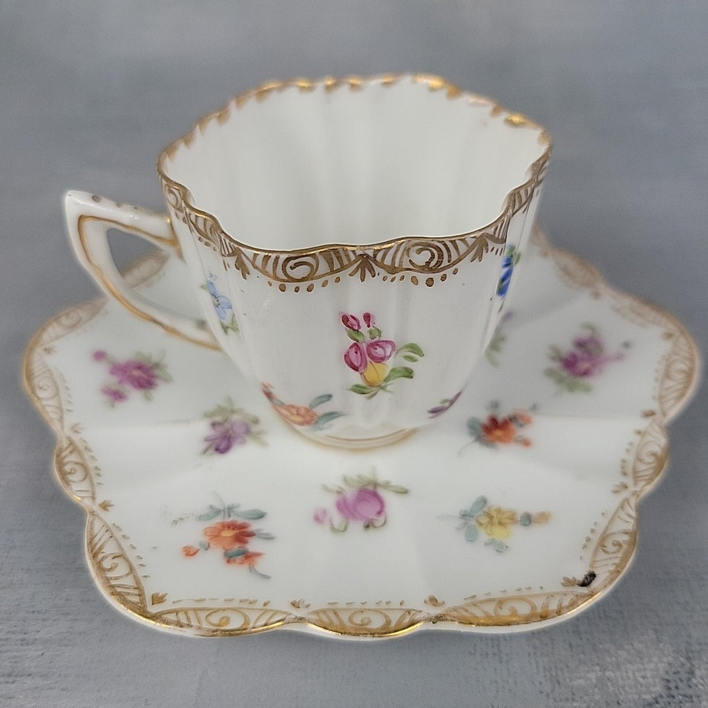 Antique Dresden Tea Cup & Saucer Hand Painted Floral Gilt Scalloped Mold6