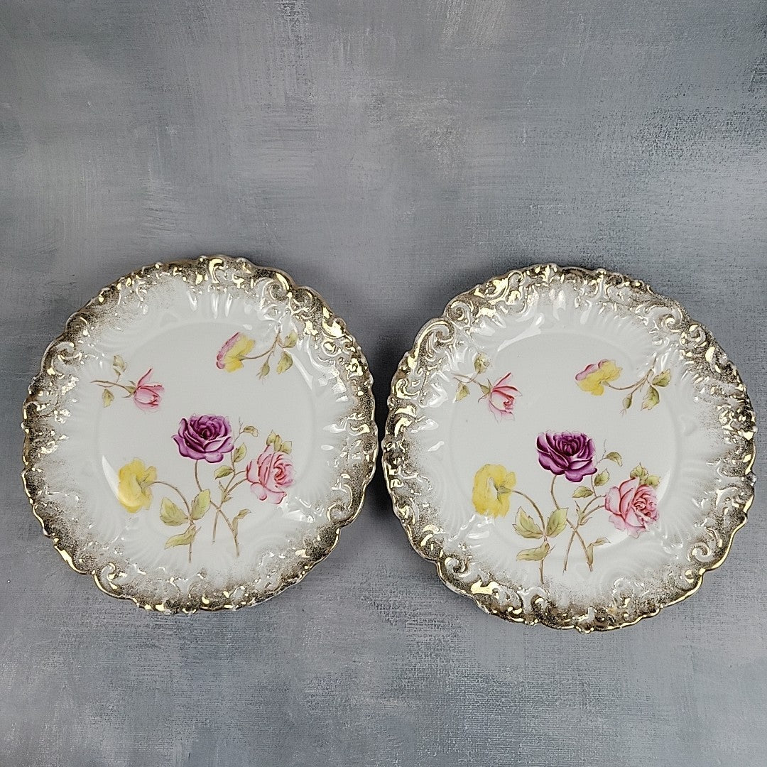 Antique Dresden Germany Hand Painted Rose Plates Gold Gilt Rococo Pair 8”3