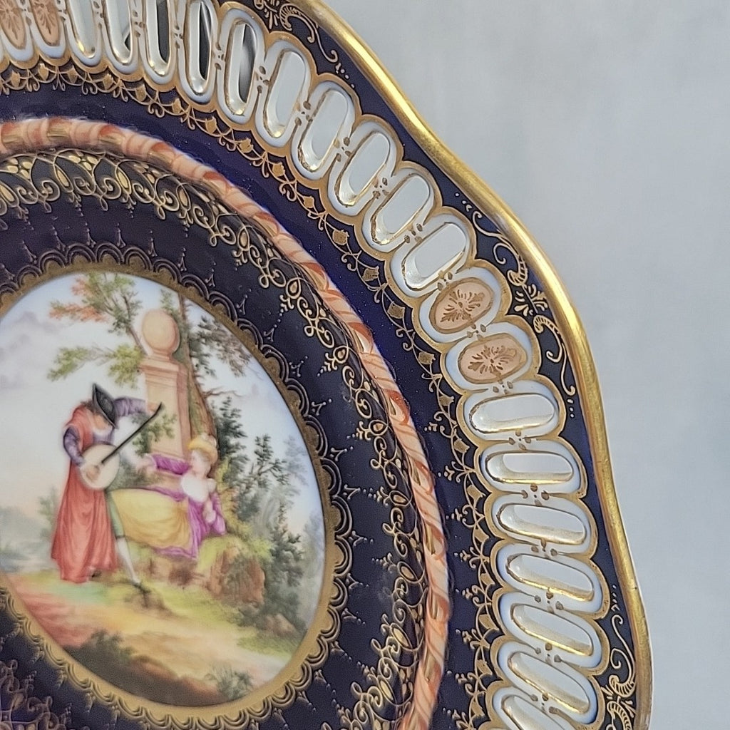 Antique Dresden Hand Painted Watteau Scene Cobalt Gold Pierced Plate 9.5”14