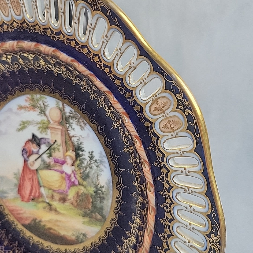 Antique Dresden Hand Painted Watteau Scene Cobalt Gold Pierced Plate 9.5”14