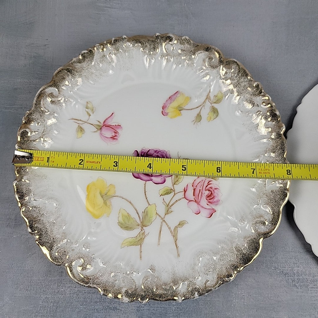 Antique Dresden Germany Hand Painted Rose Plates Gold Gilt Rococo Pair 8”17