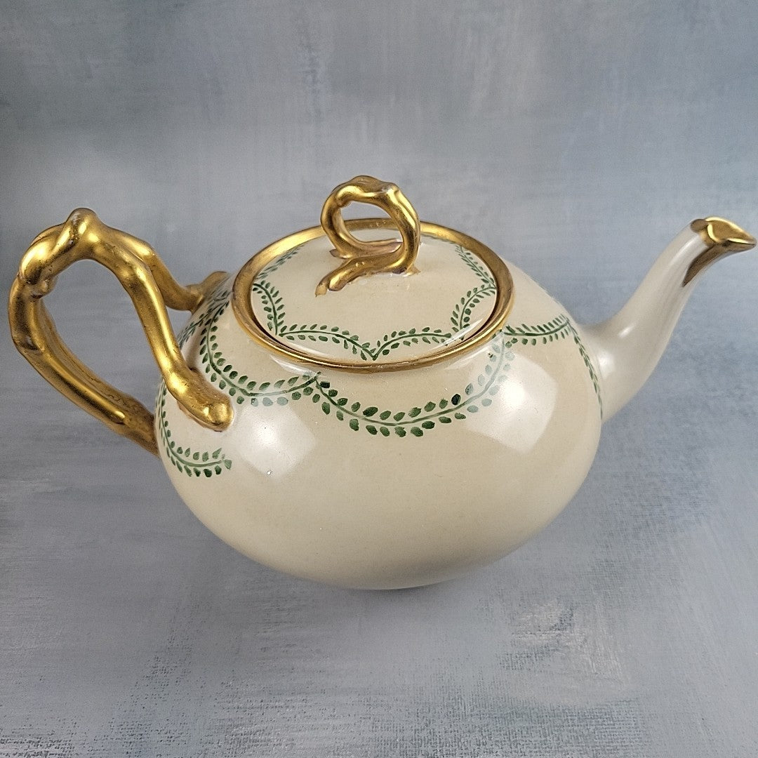 Antique JP Limoges Art Nouveau Teapot Gold Branch Handles France Pouyat0